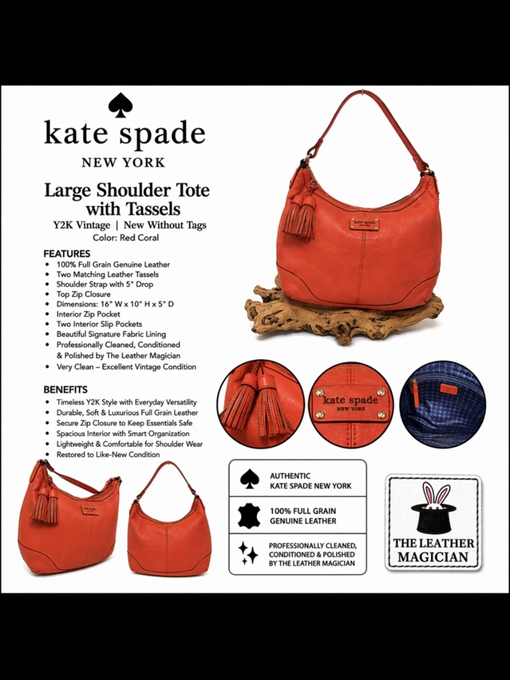 Kate Spade New York Red Coral Leather Shoulder Tote w/ Tassels Y2K NWOT Large